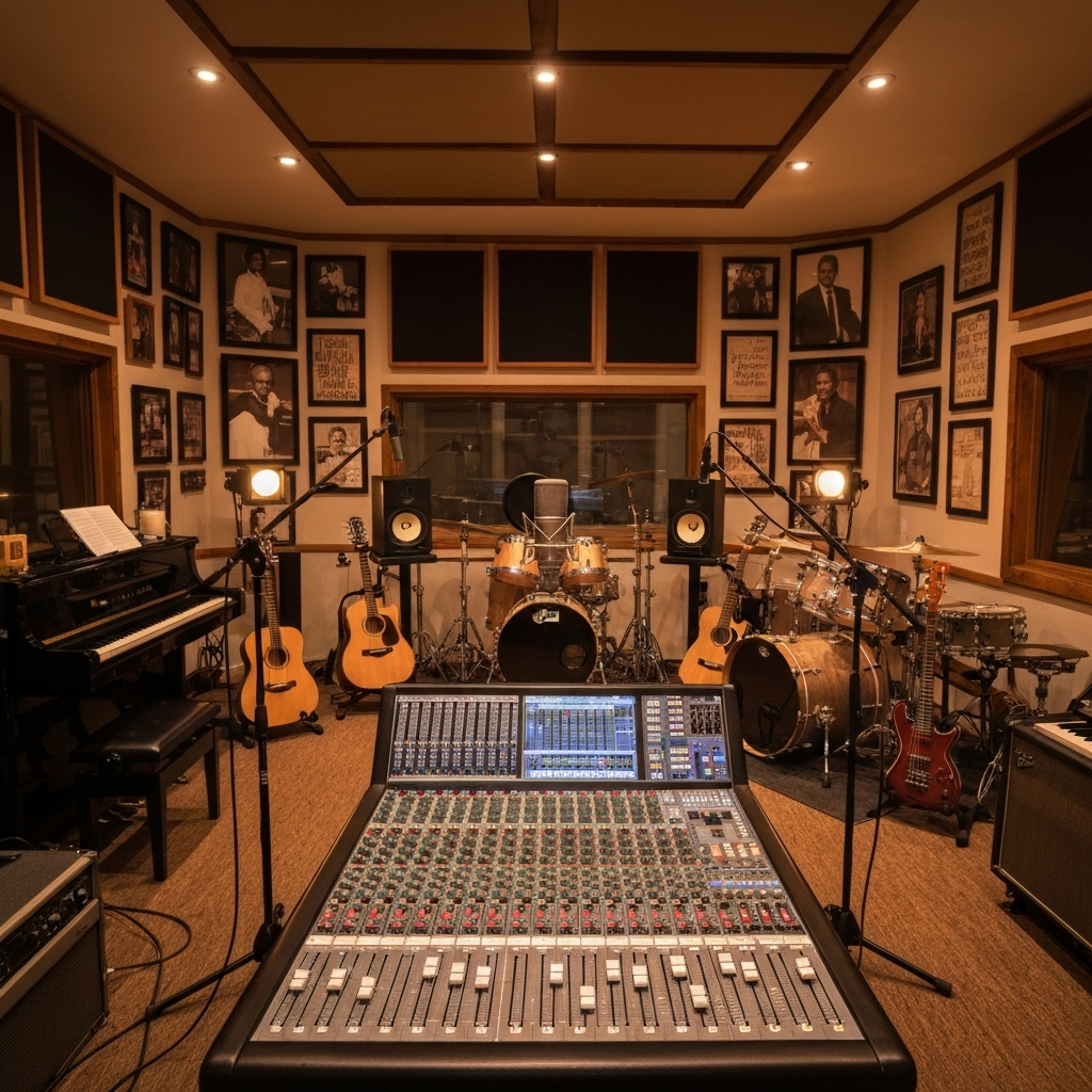 Professional music studio with recording equipment, microphones, and worship atmosphere